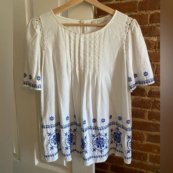 Loft Embroidered Pintucked Lace Cutout Top - Picture 1 of 8